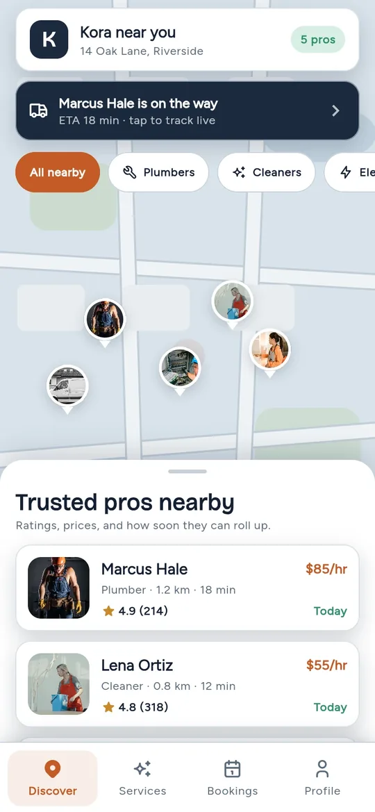 Kora: local home services app built with FlutterGo, running in the live preview