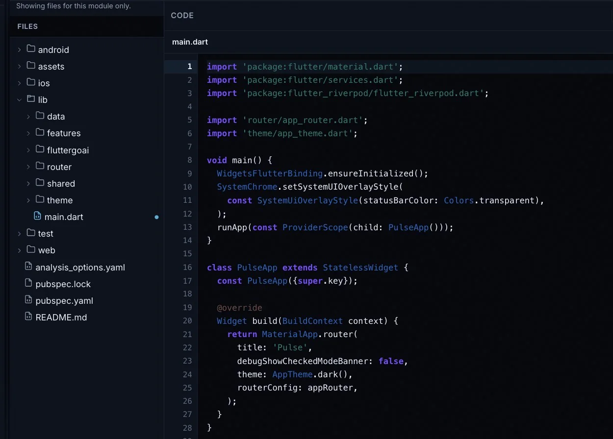 FlutterGo project files with main.dart open: android, assets, ios, lib, test, web