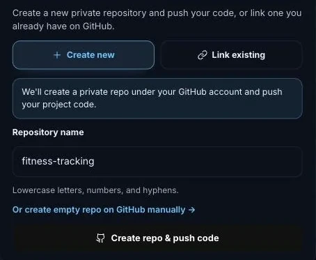 FlutterGo GitHub panel: create a new private repository or link an existing one